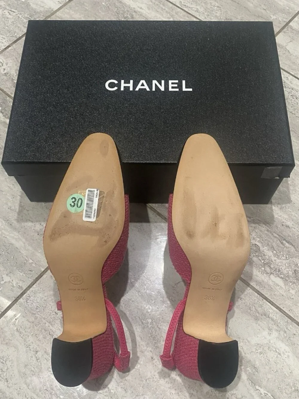 Chanel Slingback Tweed Pink & Black Grosgrain Pump Sandal Heels Women’s 38.5